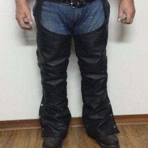🌞 FMC First Manufacturing Company Inc. black Leather Chaps 3 snaps big & tall L